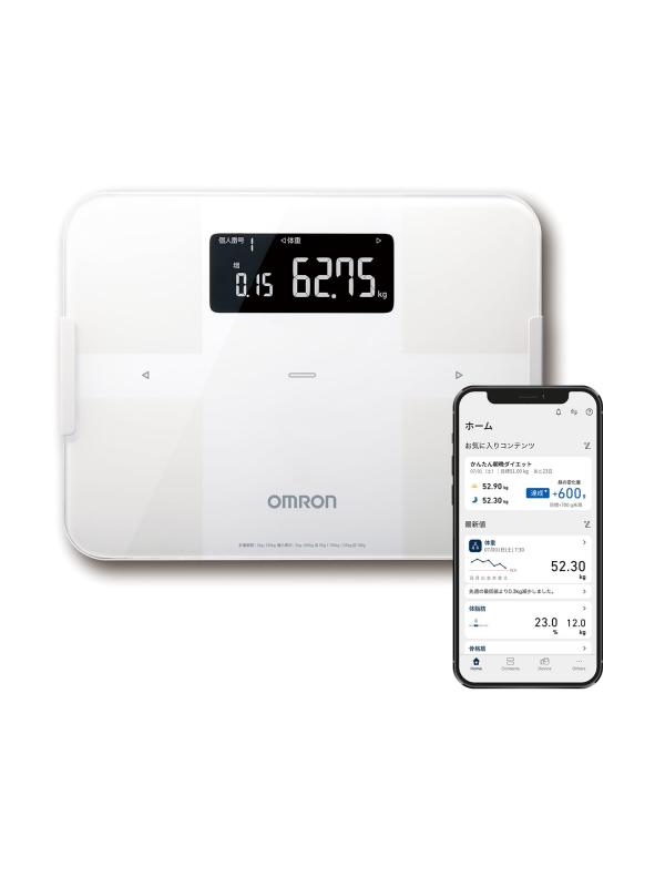 オムロン 体重 体組成計 カラダスキャン ホワイト KRD-603T2-W スマホ連動 データ自動転送自動認識 乗るだけで測定開始 50g単位 BMI 骨格筋率 体脂肪率