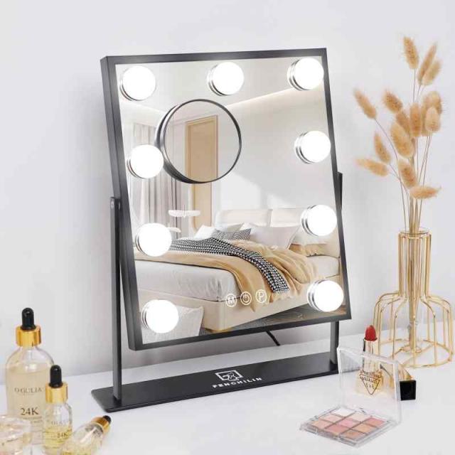 FENCHILIN 女優ミラー 鏡 卓上 ハリウッドミラー 卓上ミラー 化粧鏡 ミラー ライト付き 9個高輝度LED電球 三色照明モード 明るさ無段階調節 360度回転可能 10倍拡大鏡付き (ブラック)