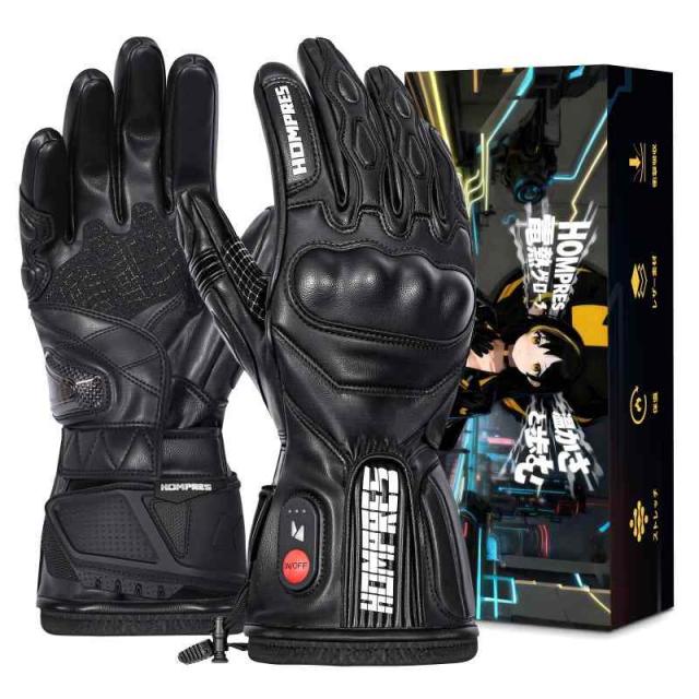 Hompres 全体PU革電熱グローブ 11.1V両面全体発熱 サイズ調整 手のひらと同面の指先発熱 残量表示 バイク用 4段階温度 防寒防水ヒーター手袋 シガーソケット給電 スマホ対応 滑り止め メンズ レディース インナーグローブ付き (XL)