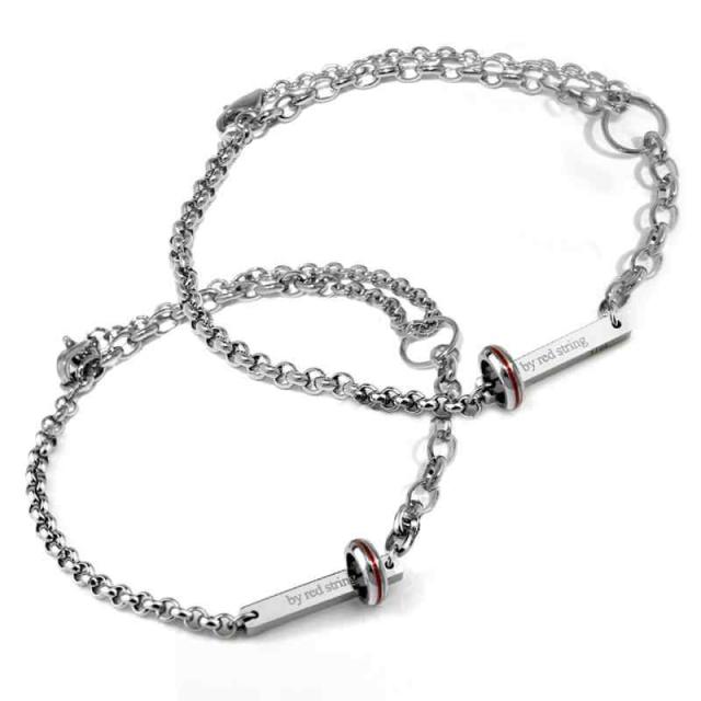 ペアブレスレット ペアアンクレット カップル つけっぱなし ステンレス ブランド お揃い 本物の赤い糸 大人 シルバー メンズ レディース 金属アレルギー対応 シンプル ギフト プレゼント 2way サイズ調整可能 (シルバー)