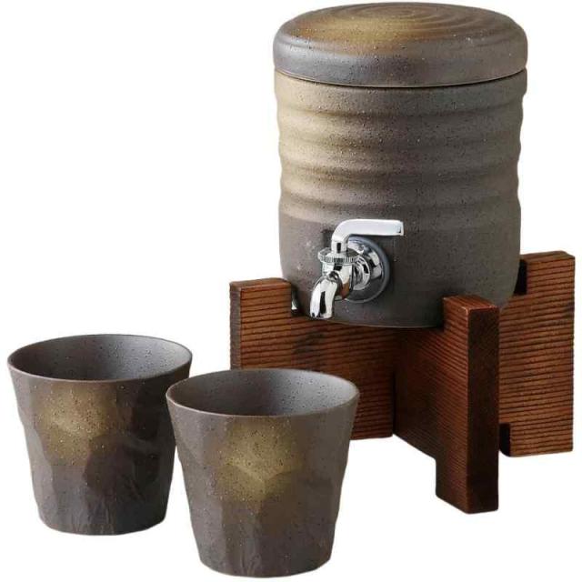 エールネット(Ale-net) 焼酎サーバー 梅酒サーバー φ13.4cmH16cm 1300ml ファミリーサーバーセット 木台付 うでい 磁器 美濃焼 日本製