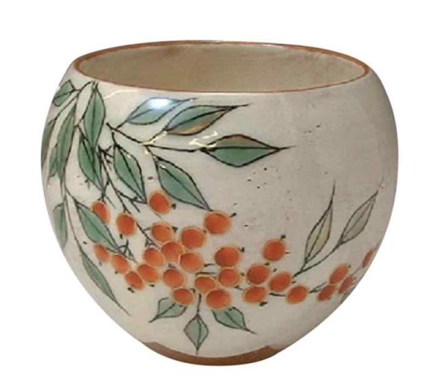 京焼 清水焼 湯呑み クリーム 直径9cm 陶あん窯 お茶呑茶碗 (化粧箱入) 花揃え(南天) ahs-15