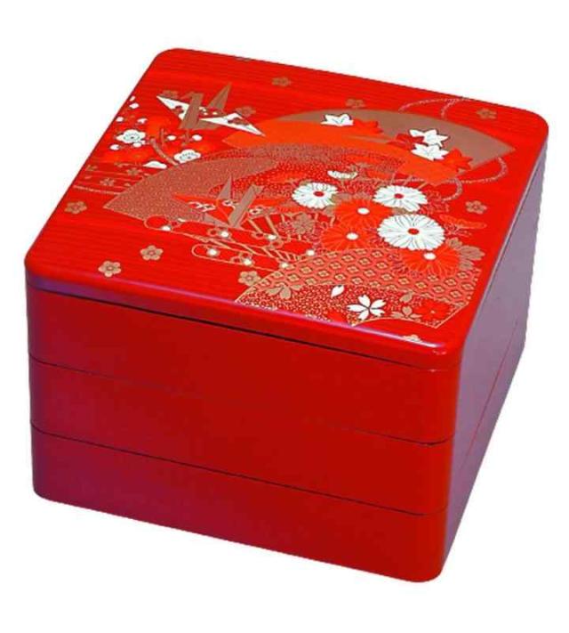 扇形装飾の赤い重箱 J-kitchens 日本製 重箱 3段 8寸 朱扇面 24.1cm x 24.1cm x 17.4cmの