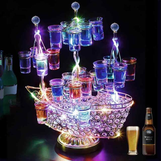 Homepatche LEDグラスホルダー ワインラック LED酒ボトルの表示棚 ホルダー 船 カクテルグラスホルダー 24カップ ショットグラス 酒棚 テキーラ観覧車 ワインストレージ LED酒グラス カップホルダー 船の造形 LED酒グラス収納 装飾品