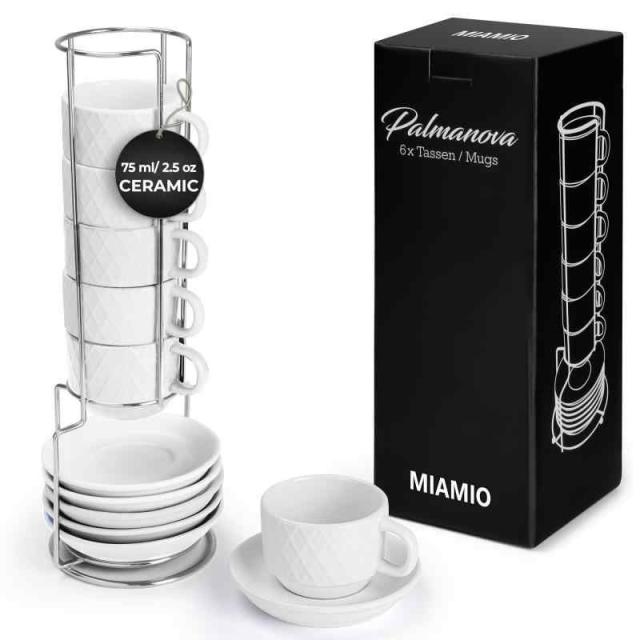 MIAMIO - ダイヤモンド柄の陶器製エスプレッソカップセット（75ml x 6個） - パルマノヴァコレクション (ホワイト)