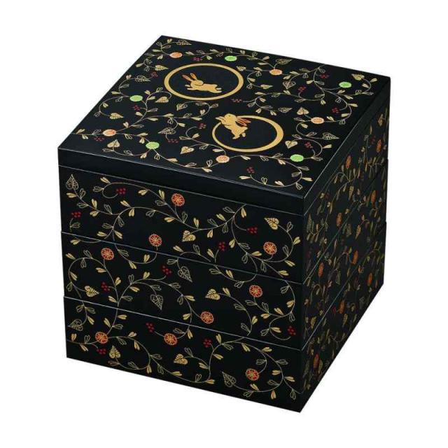 まえじゅう漆器 うさぎ唐草 6.5 三段重 黒内朱 8R-314