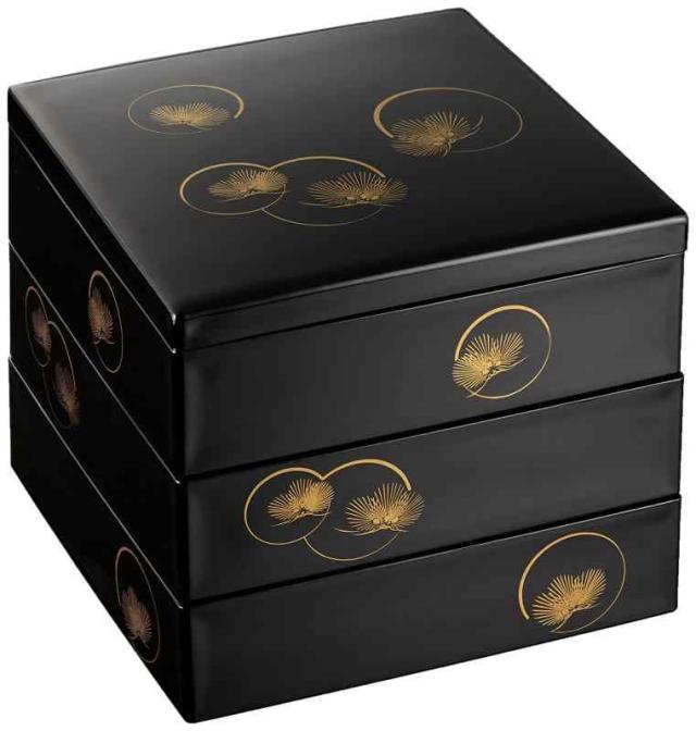 まえじゅう漆器 重箱 三段 光輪松 黒 金 伝統工芸 山中塗り 21cm 角型 4~5人用 日本製7R-603