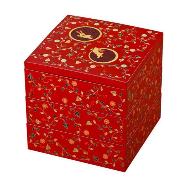 まえじゅう漆器 うさぎ唐草 6.5 三段重 総朱 8R-313
