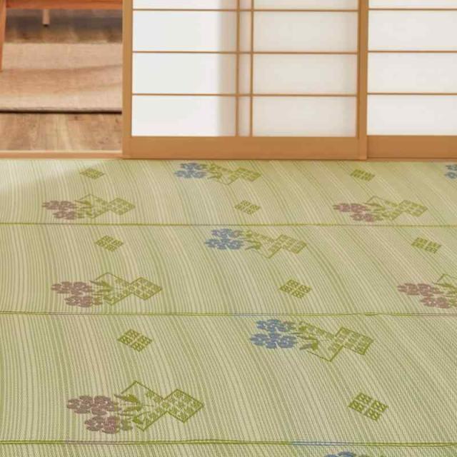 萩原 PP柄上敷き グリーン 58間3畳 「#110」 い草風 柄上敷き 花ござ 水洗いOK 日本製 約176X264cm