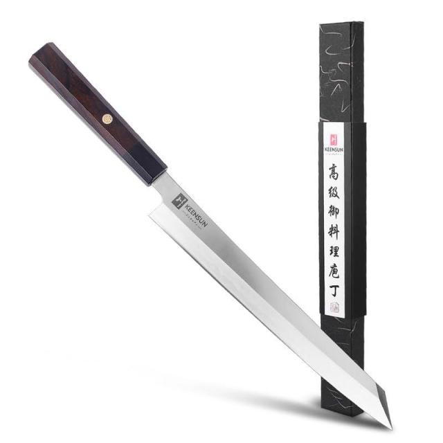 KEENSUN 刺身包丁 刃渡り270mm AUS-8ステンレス鋼 切付包丁 片刃 右利き 料理用 業務用 家庭用 魚 生魚 切る プレゼント 八角型ハンドル素材は花釘の黒檀と黒い牛角