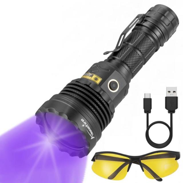 Alonefire SV52 25W 紫外線 ブラックライト 強力 UV LED ライト 波長365nm USB充電式 アニサキスライト ウッド灯検査 ペット尿検出器 スコーピオン 鑑定 真贋 レジン用 硬化、猫真菌、釣り、鉱物 用 UV保護メガネ リチウ