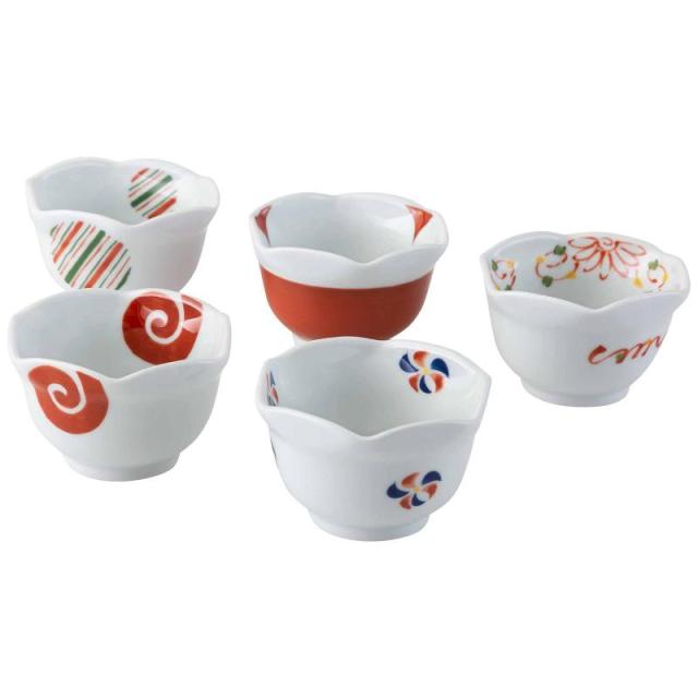 西海陶器 波佐見焼 小付 小鉢 皿 9cm 5点セット 錦絵変り 六角 日本製 20626 レッド