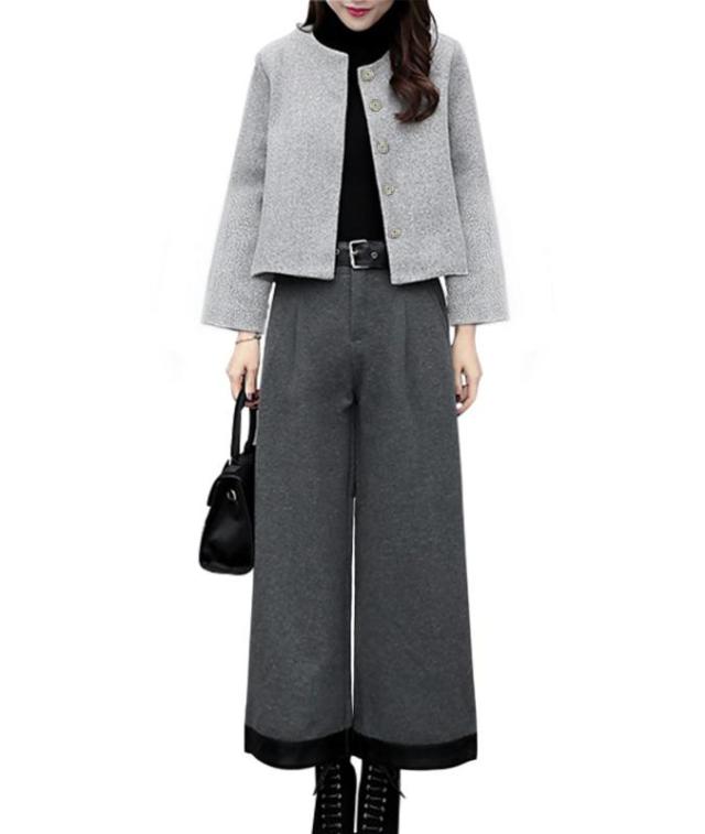 [Bidason] スーツ レディース 秋 冬 セットアップ 保温 暖かい 9分丈 ノーカラー ジャケット ガウチョパンツ 2点セット おしゃれ 魅力 カジュアル 通勤 フォマール 卒業式 入学式 ママ会 (グレー, S)
