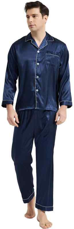 [KUMASEN] メンズ パジャマ シルク サテン 上下セット ルームウェア 部屋着 肌に優しい 前開き長袖 (ネイビー, L)