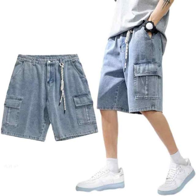 Quntum A.E ショートパンツ メンズ デニムハーフパンツ カーゴパンツ コットン ゆったり 5分丈ジーンズ ビッグシルエット 大きいサイズ カジュアル ストリート系 飾り紐付き (L, ブルー)