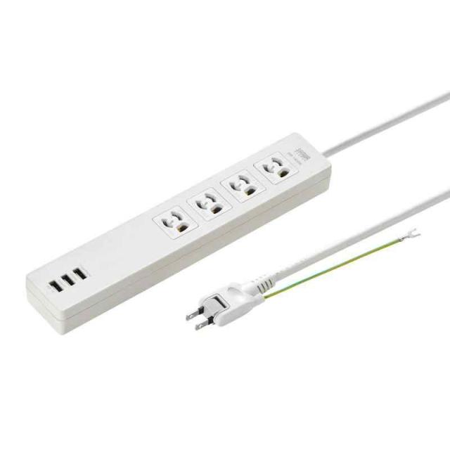 サンワサプライ USB充電機能付きタップ 3P・4個口 USB A×3ポート(合計出力3A) 裏面マグネット付き 2m TAP-F37U-2