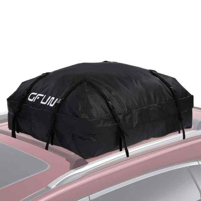 ルーフキャリアバッグ GFUN 防水 カーゴバッグ 屋根バッグ 折り畳み 大容量425L 耐荷重35kg 8本ベルト 取付簡単 二重PVC防水加工 高強度500Dポリエステル 隠れ式防水ファスナー 防雨 防雪 防風 キャンプ 旅行用 112×86×43cm