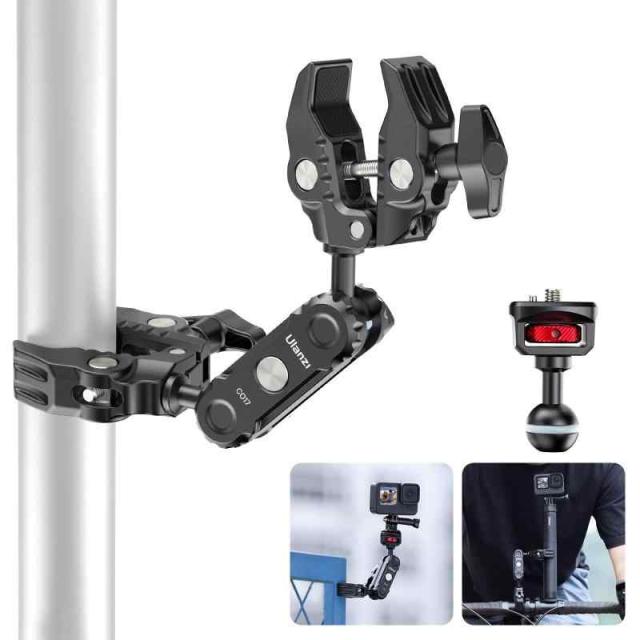 Ulanzi C017 ダブルスーパークランプ ボールヘッド マジックアーム カメラマウント 360°回転 角度調整 1/4ネジ付き交換可能 hero12用/insta 360x4/x3用 蟹バサミクランプ ダブルクランプ 緩み防止 雲台/撮影/LEDライ