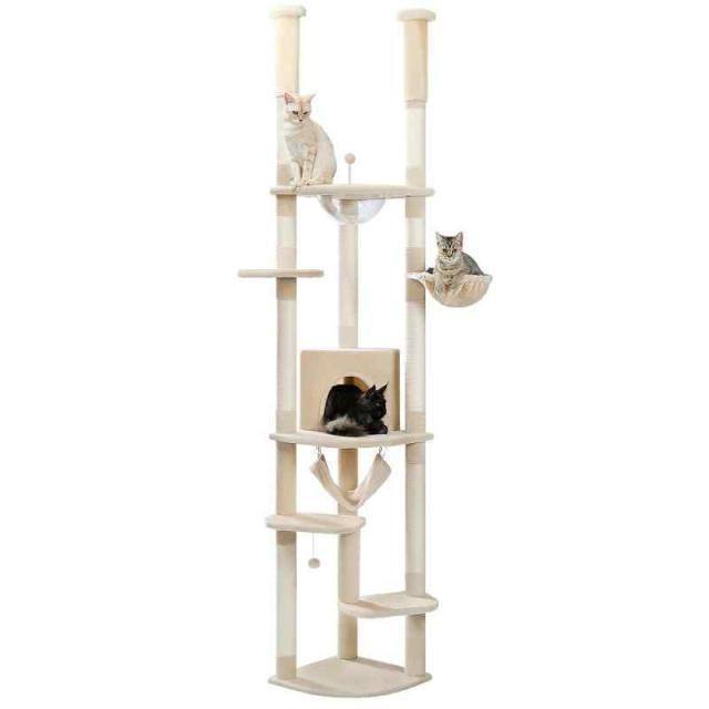 PETEPELA キャットタワー 突っ張り 猫タワー スリム 省スペース ハンモック 展望台 おもちゃ 麻紐 爪とぎ 運動不足解消 多頭飼い (突っ張り ベージュ)