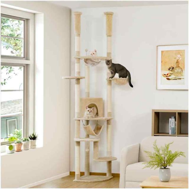 PETEPELA キャットタワー 突っ張り 猫タワー スリム 省スペース ハンモック 展望台 おもちゃ 麻紐 爪とぎ 運動不足解消 多頭飼い (ベージュ, 突っ張り)