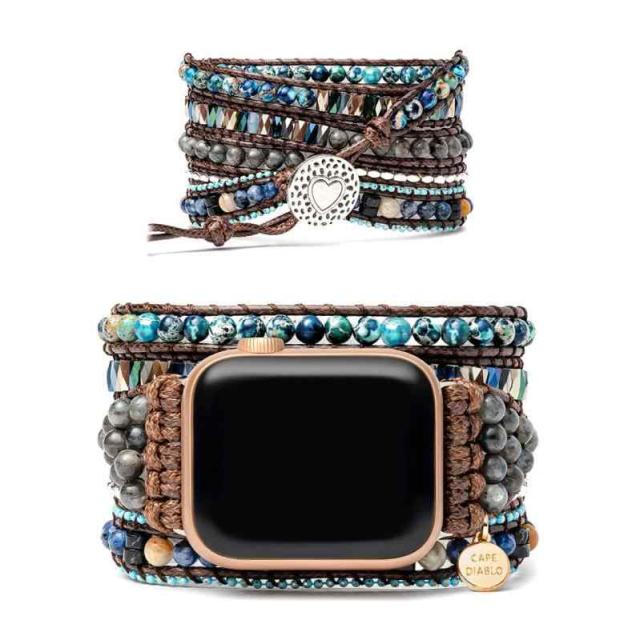 ケープディアブロ Apple Watch 用 天然石 多重巻きバンド 49/46/45/44/42/41/40/38mm 【Ultra 3-1, Series 11-1, SE 3-1】 ハンドメイド ストラップ 交換ベルト ブレスレット ドレッシー リス