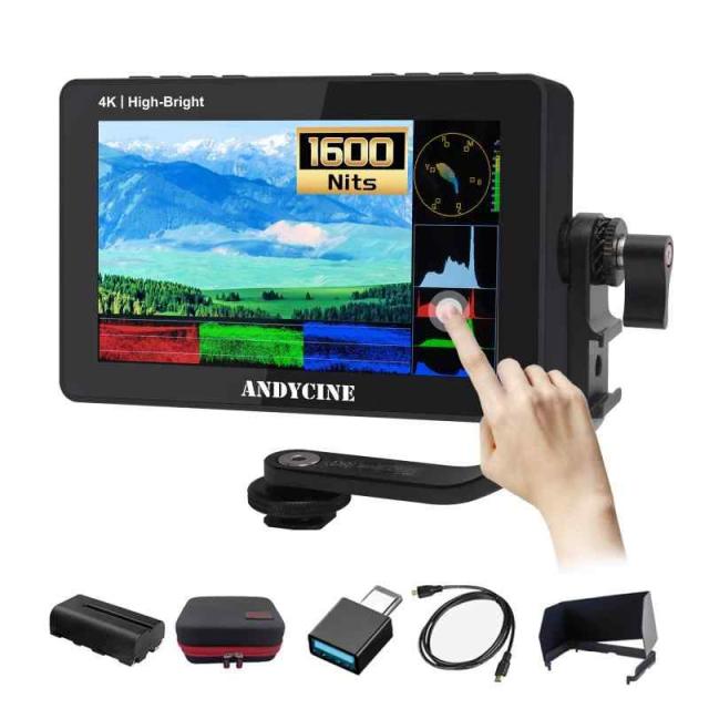 ANDYCINE A6 II 5.5インチ タッチ式 フィールドモニター 【1600nit高輝度 4K HDMI入出力】 『3つの給電方法 Typc-C/DC12V給電 F970バッテリープレート』1920x1080 FHD 「F550Cバッテリー付き 遮
