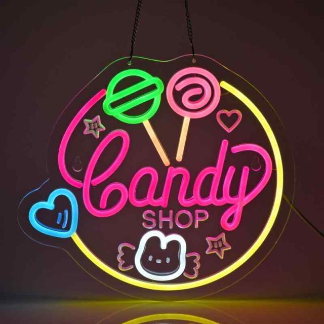 JOMOBUTY CANDYネオンサイン 多階段調光可 LED 飴ネオンライト店看板 店舗インテリア 飴本舗 スイーツ 和菓子 洋菓子店用サイン 店装飾 店内飾り SUGARネオン管ライト USBパワード35*32cm