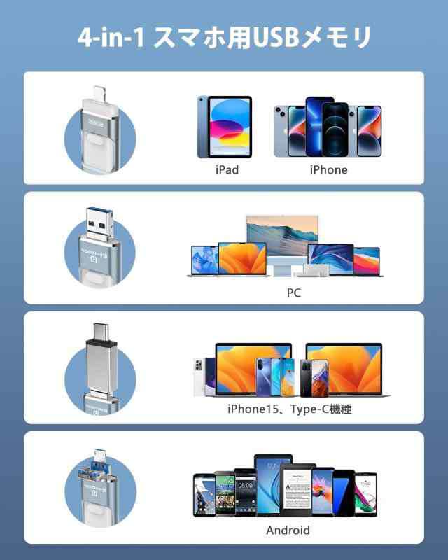 USBメモリー 4in1 多機能 データバックアップ 容量不足解消 外付けUSB 高速 (256GB, グレー)