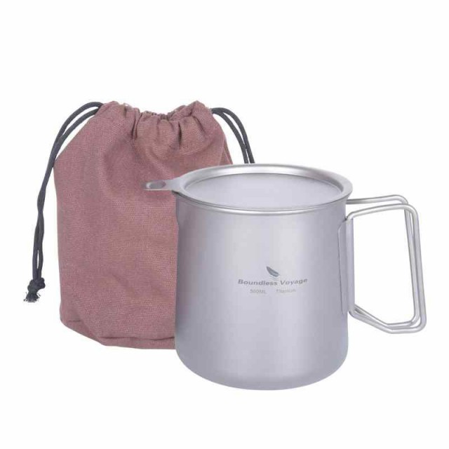 iBasingo 500ml チタンマグカップ＆湯呑みセット 茶漉し付き 折りたたみハンドル 軽量化 直火OK 蓋付き 錆びない アウトドア キャンプ 茶器 自宅用 収納袋付き (カップ 500ml*1-Ti3125D)の通販は