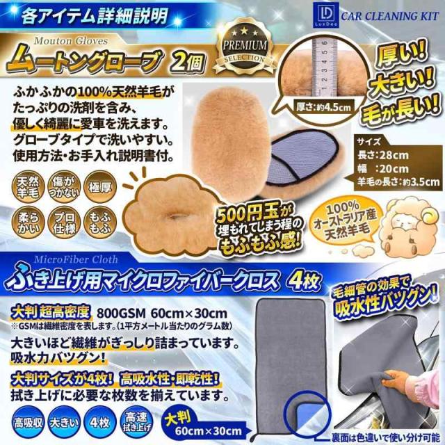 LuxDee 洗車用品 18点 洗車セット オーストラリア産ムートン100% [ 拭き上げ用 マイクロファイバークロス 4枚 洗車ブラシ 豚毛 5本 ムートングローブ 2個 ワックスクロス 2枚 窓ガラス用クロス 2枚 バケツ ホイールブラシ 1本 使用説の通販は
