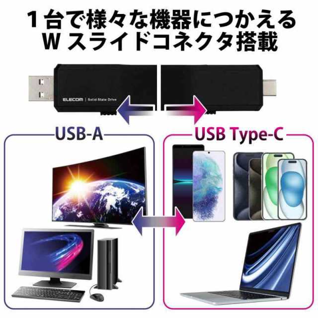 エレコム 外付けSSD 1TB USB3.2(Gen1)対応 PS5/PS4(メーカー動作確認済) スライド式 Type-C&Type-A両対応 ブラック ESD-EWA1000GBK