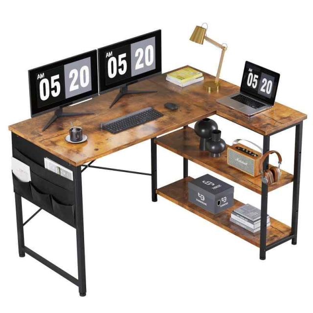 YeTom l字デスク ゲーミングデスク デスク 幅107cm pcデスク コーナーデスク 棚板高さ調節可能 収納袋付き L字型 PC 勉強机 作業 在宅勤務 リモートワーク ゲーム 書斎 収納ラック付き ダークブラウン ホワイト ライトオーク (ビンテーの通販は 12,286円