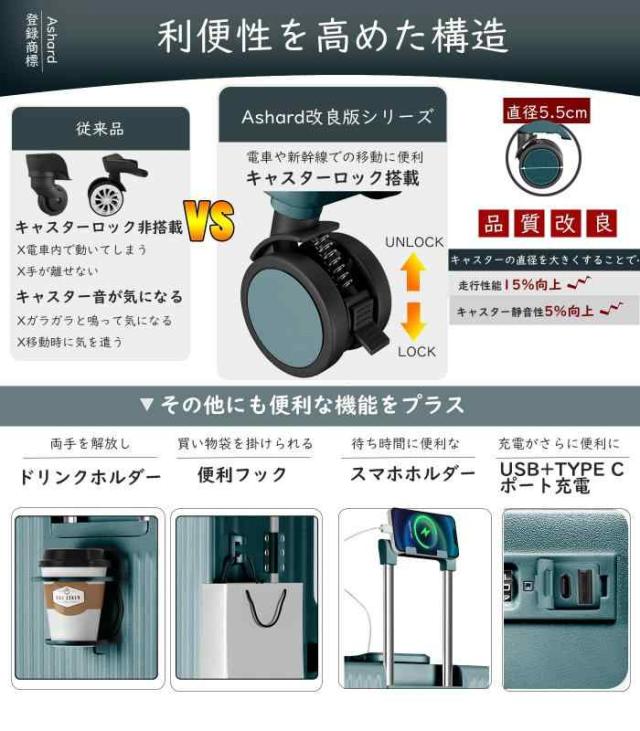 Ashard] スーツケース 多機能フロントオープン キャリーケース