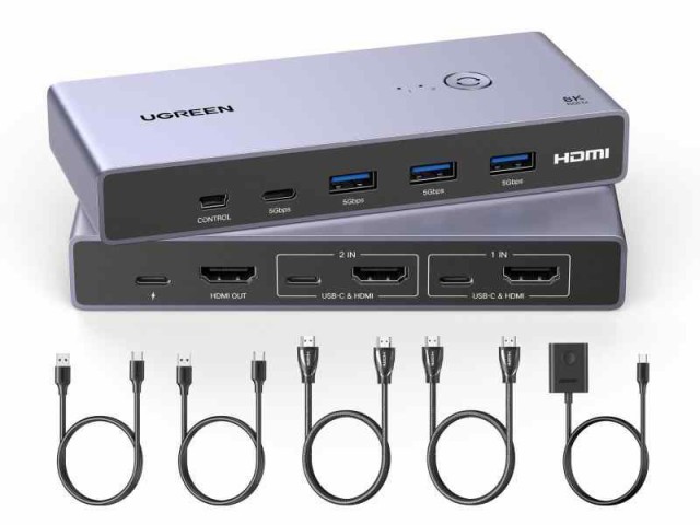 8K@60Hz HDMI KVM切替器 2入力1出力 PC2台をUSB 3.0ポートx3 ＆ USB-Cポートx1 とモニター1台共有 KVMスイッチ 3D/CEC/HDRに対応 手元ス