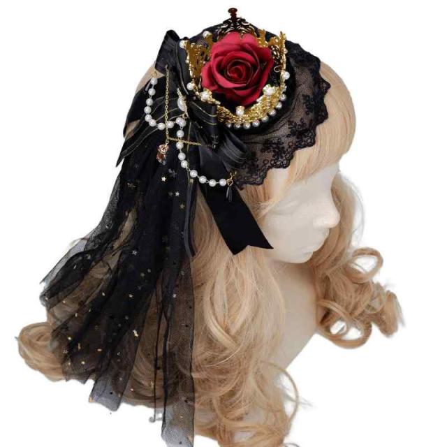ミニハット ヘッドドレス 王冠 ヘア クリップ ロリータ 花嫁 地雷 姫系 リボン レース バラ (ブラック)