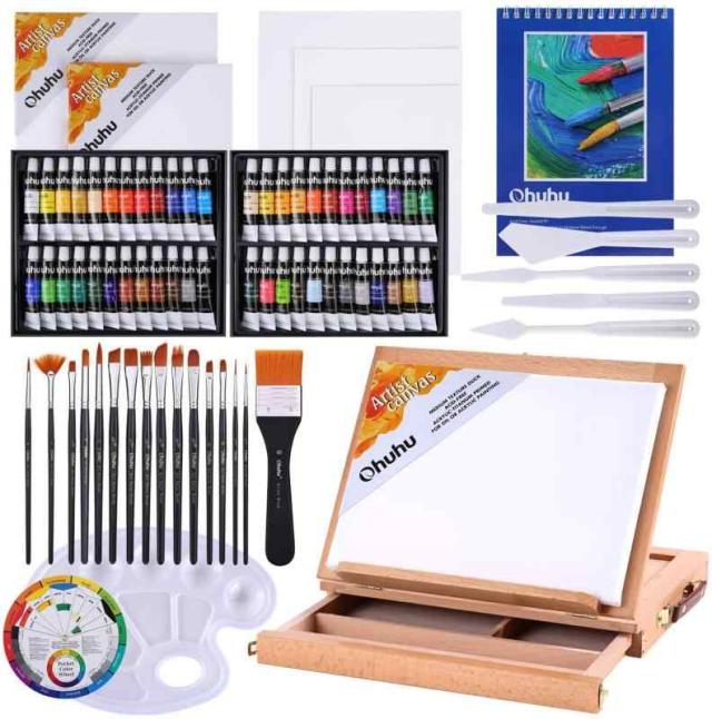 Ohuhu アクリル絵の具 78点セット 画材 絵具 絵画 絵の具セット 白 ？ 大人 初心者 男の子 女の子 Acrylic Paint Set 48色 15本筆 1個卓上イーゼル 1本平筆 キャンバス5枚 パレット5本 1個パレット 1個カラーホの通販は