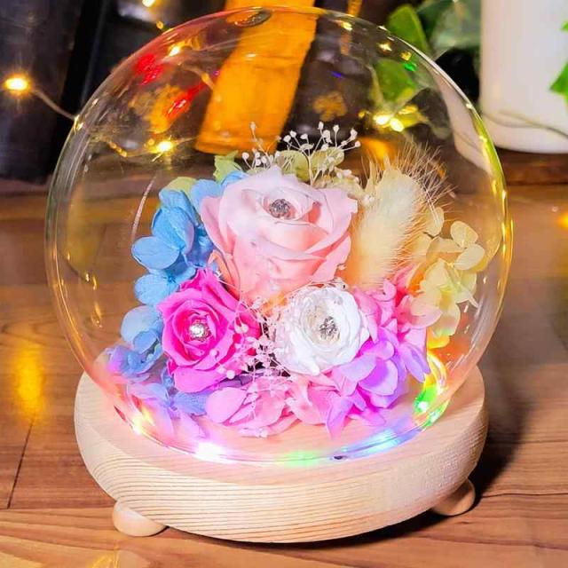 Dear your Flowers プリザーブドフラワー 誕生日 プレゼント 女性 バラ 母の日 ギフト フラワー ガラスドーム LEDライト付 ローズ 記念日 結婚祝い (レインボー)の通販は
