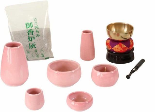なーむくまちゃん工房 仏具セット 陶器 6点+おりんセット 香炉灰・マッチ付 モダンミニ仏壇用 (ピンク)の通販は