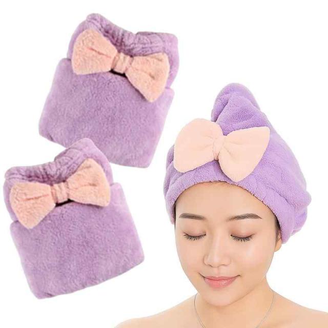 KON ヘアドライタオル 2枚セット リボン 吸水 髪の毛 タオルキャップ 髪 乾かす ヘアタオル ヘアキャップ ドライキャップ ヘアターバン タオルぼうし 強い吸水性 お風呂上がり バス用品 プール (パープル + パープル)