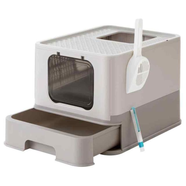 FEANDREA 猫トイレ 大型 スコップ付 飛散防止 漏れ防止 掃除簡単 2WAY出入り方法 大容量 折畳式 組み立て簡単 猫トイレ (オートミール色+ライトグレー)の通販は
