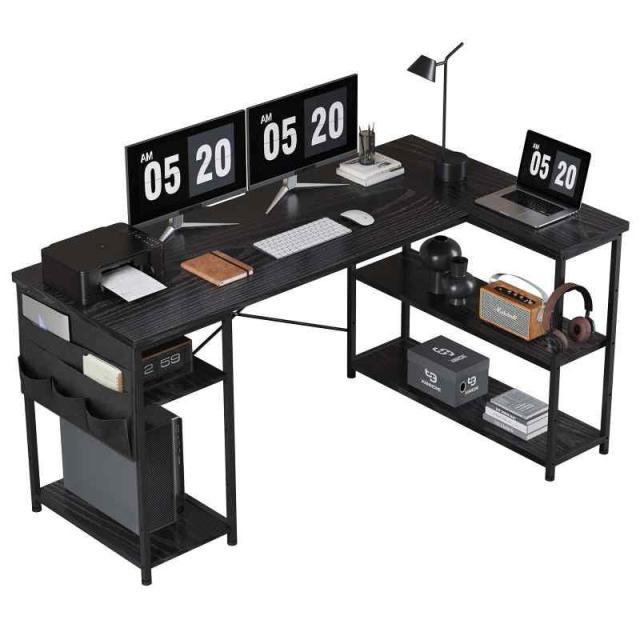 YeTom l字デスク ゲーミングデスク デスク 幅107cm pcデスク コーナーデスク 棚板高さ調節可能 収納袋付き L字型 PC 勉強机 作業 在宅勤務 リモートワーク ゲーム 書斎 収納ラック付き ダークブラウン ホワイト ライトオーク (黒い, の通販は 11,683円