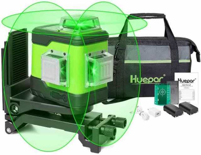 Huepar 3x360° レーザー墨出し器 グリーン 緑色 レーザー クロスライン 大矩 フルライン照射モデル 2電源方式 充電可能 軽天マウント 収