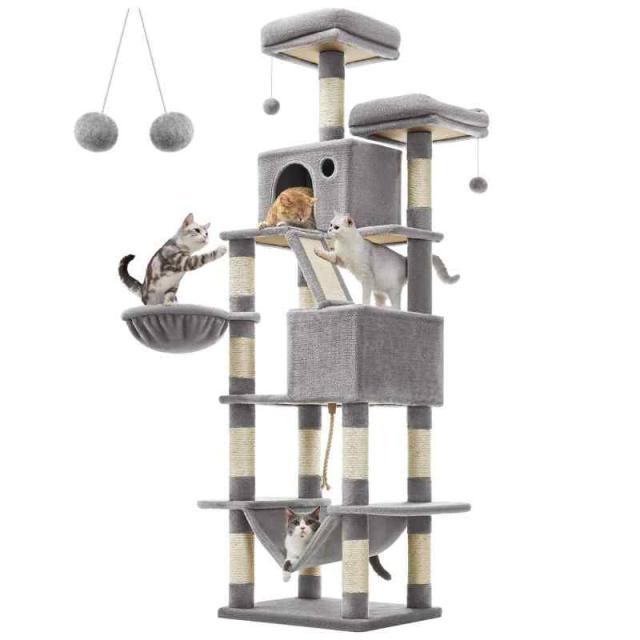 FEANDREA キャットタワー 大型猫用 人気 多頭飼い ハンモック スリム 省スペース 据え置き (XXL (60 x 50 x 206 cm), グレー) その他猫用品・キャットフード