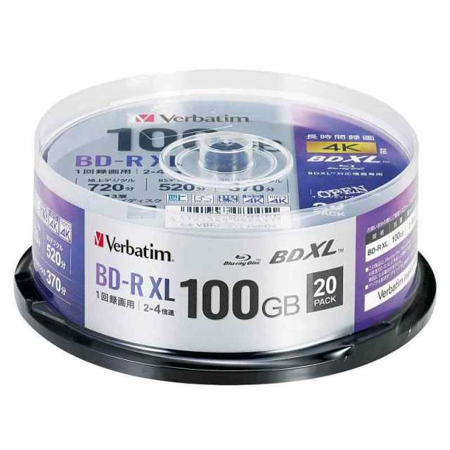 Verbatim バーベイタム 1回録画用 ブルーレイディスク BD-R XL 100GB 20枚 ホワイトプリンタブル 片面3層 2-4倍速 VBR520YP20SD4