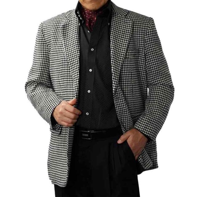 千鳥格子 テーラード ジャケット Mサイズ Lサイズ ブラック グレー ホワイト メンズ カジュアル ビジネス アウター 紳士 (L)