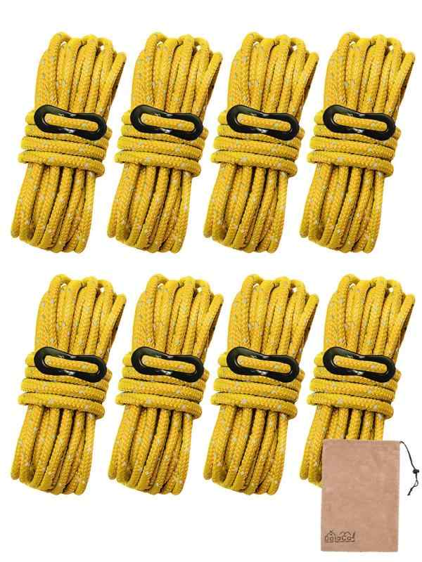 DaLaCa パラコード テントロープ タープロープ ガイロープ 反射材入り 太さ 4ｍｍ / 5ｍｍ 長さ 4ｍ 6本 / 8本 / 10本 セット 耐荷重 350kg 自在金具 収納袋 付き (イエロー, 5mm/8本)
