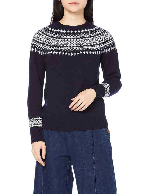 [ハーレーオブスコットランド] セーター YOKE PATTERN CREW NECK SWEATER レディース New Navy/Winter White UK 34 (日本サイズM相当)