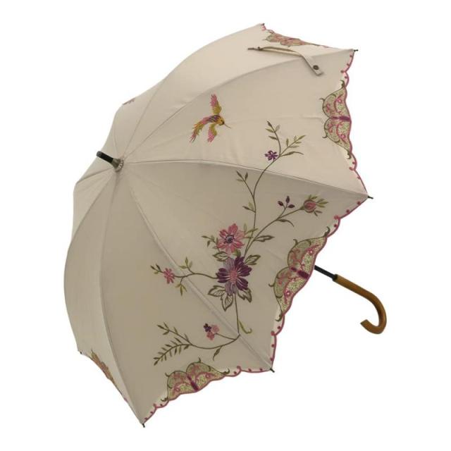 [シノワズリーモダン] 日傘 女優用 ショート 1級遮光 遮熱 逃熱 UVカット 刺繍 かわず張り 涼しい 晴雨兼用 特殊2重張り 花鳥 ボタニカル (花鳥・モカ)