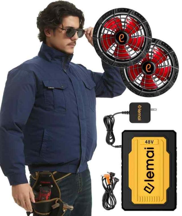 [elemai] 2025モデル ファン付き作業服 遮熱-15℃ 超高出力48Vファンセット2種類モード搭載 空冷調節作業服 猛暑対策 綿100% (ネイビー, L)