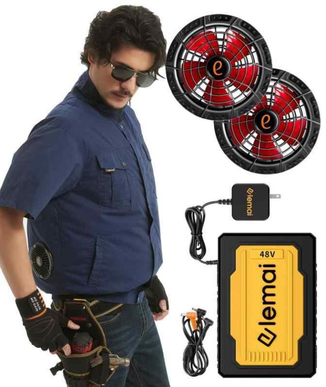 [elemai] NEWモデル ファン付き作業服 遮熱-15℃ 48V超高出力 ファンセット 2種類モード搭載 空冷調節作業服 綿100% 猛暑対策必須品 (ネイビー半袖, 3XL)